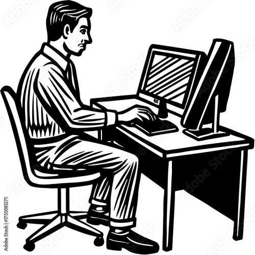 Employee working on desktop simple flat design clean vector illustration