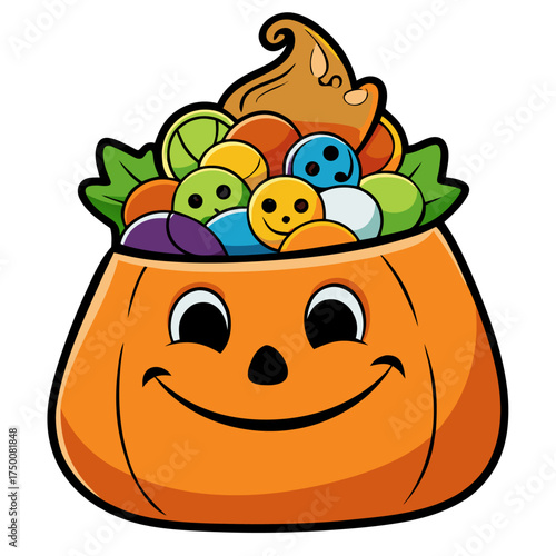 Cute Halloween Pumpkin Candy Bucket Filled with Assorted Candies and Treats - Vector Illustration