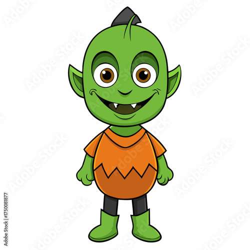 Cute Green Monster Character with Orange Shirt and Black Pants, Cartoon Style, Halloween Theme