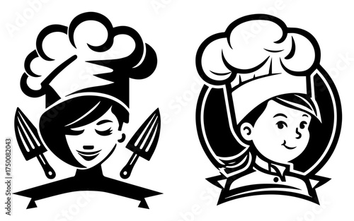 Cheerful Boy and Girl Chefs in Retro Badge – playful restaurant kitchen mascots with utensils vector illustration