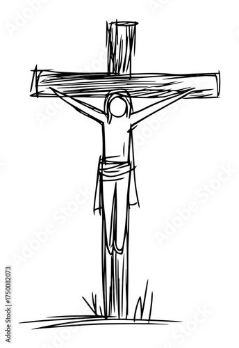 Minimalist Crucifixion of Jesus – rough sketched Christ on wooden cross religious faith vector illustration