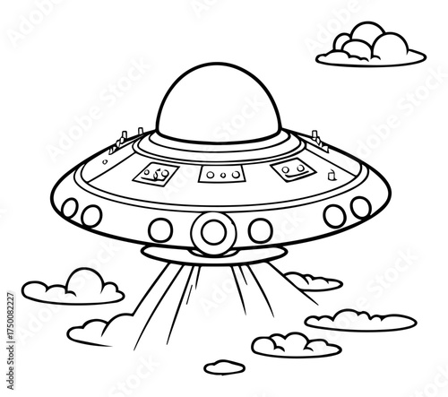 Cartoon UFO Hovering with Light Beams – playful flying saucer sky vector illustration