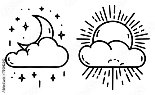 Day and Night Weather Icons – hand‑drawn cloud with sun and moon stars vector illustration