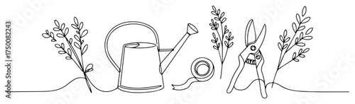 Gardening Tools and Herbs Continuous Line Art – watering can snips foliage vector illustration
