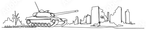 War Tank Rolling through Destroyed City – single continuous line battlefield scene minimalist vector illustration