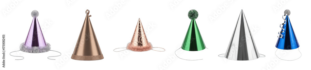 Fototapeta premium Metallic party hats set including various colors, pompoms, tinsel, and ribbon trims isolated. Festive celebrations and event accessories.