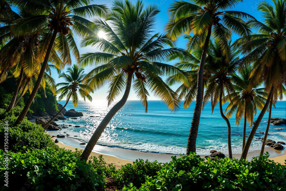 Obraz premium Tropical beach with palm trees and clear blue ocean under sunlight 