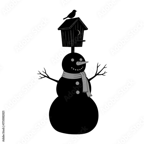 Black silhouette snowman wearing a scarf with a birdhouse and bird on top