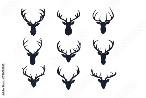 Set of nine black deer head silhouettes with antlers.