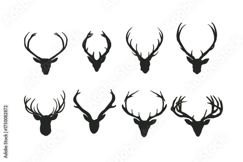 Collection of eight black deer head silhouettes with various antler designs.