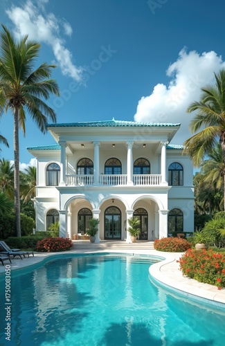 Luxurious villa with swimming pool under blue sky. White house with columns palms trees. Resort vacation travel in tropical area with turquoise water pool. Exterior view of the building.