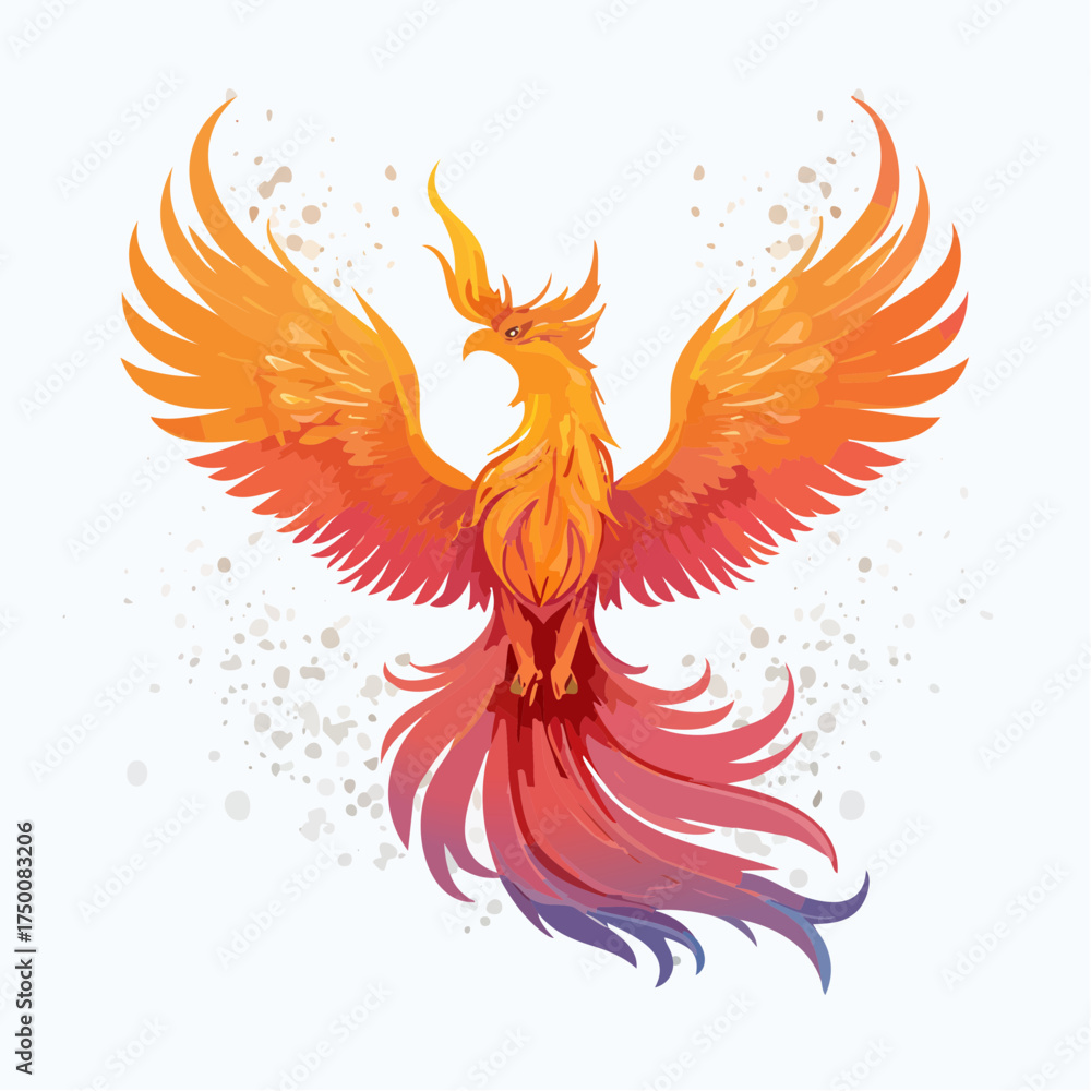 Obraz premium Vibrant fiery phoenix illustration with powerful spreading wings, a majestic symbol of rebirth, resilience, and immortal spirit