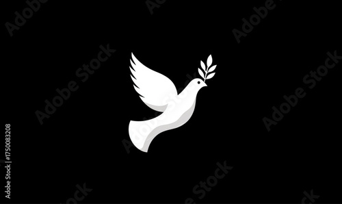 White dove of peace flying with an olive branch.