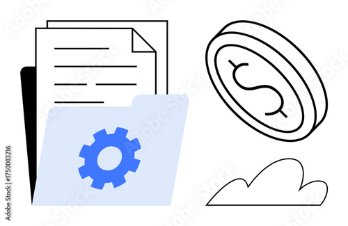 Documents behind a gear folder, monetary coin with dollar sign, floating cloud. Ideal for finance, document storage, process management, cloud systems, productivity, investments and organization