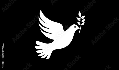 White dove of peace flying with an olive branch silhouette.