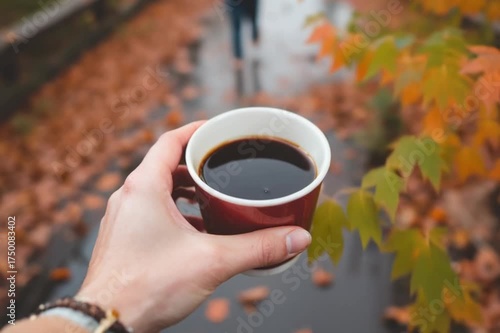 Autumn Coffee Break - A Moment of Warmth Amidst Falling Leaves.