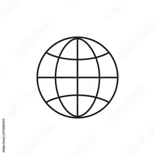 Simple Outline Globe Icon Showing Latitude and Longitude Lines: Vector Symbol for World Wide Web, Global Communication, International Business, and Internet Connectivity.