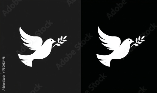 White dove of peace flying with an olive branch silhouette icon.