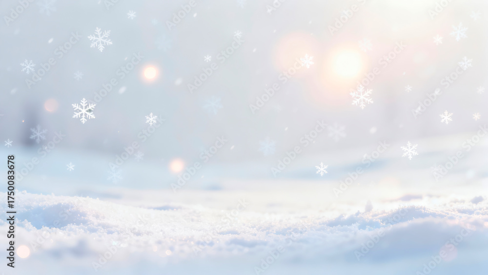 Naklejka premium Snowflakes gracefully drift through a soft winter scene where the ground is covered in a thick layer of white snow, reflecting the gentle light of the afternoon sun.