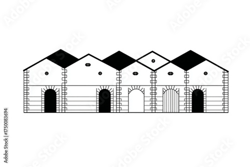 Simple black and white architectural drawing of old warehouses.