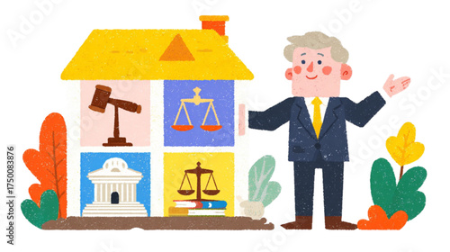 Cartoon lawyer character presenting a house of legal symbols.