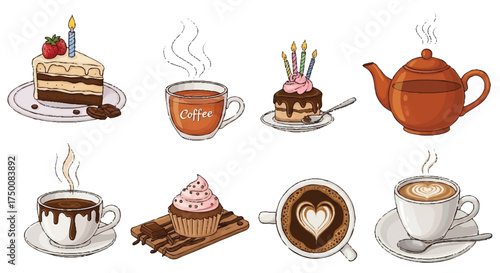 Various delicious desserts and hot beverages including cake, cupcakes, coffee, and tea are presented in a collection of charming illustrations