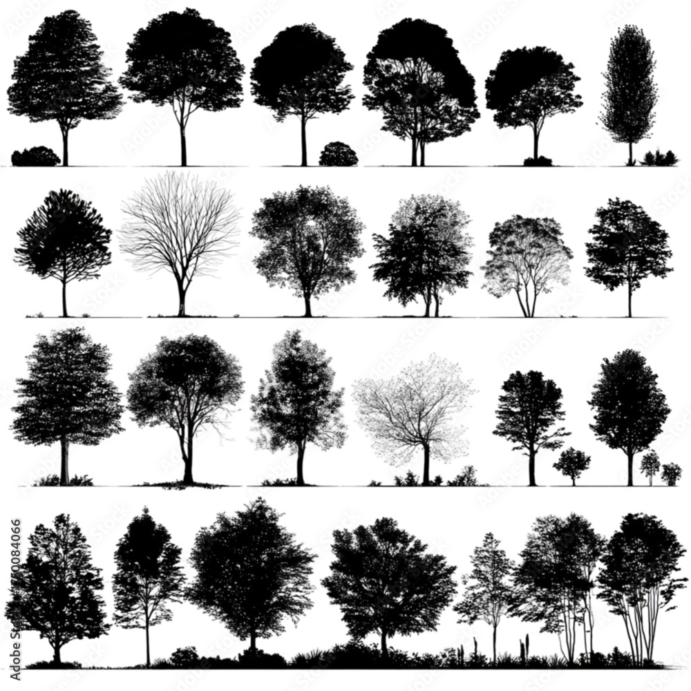 Fototapeta premium A diverse collection of black tree silhouettes on a white background.