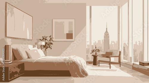Large comfortable bedroom with big windows and city view