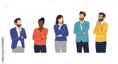 A group of diverse individuals contemplating ideas together as a team.