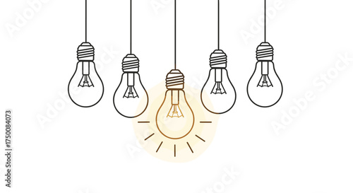 A single bright light bulb stands out from a row of unlit bulbs symbolizing a new idea.