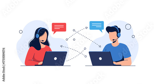 Customer service representatives communicating with customers via headsets and laptops.