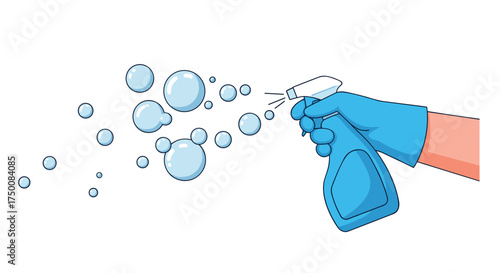 Cleaning spray bottle and bubbles for effective household disinfection and hygiene.