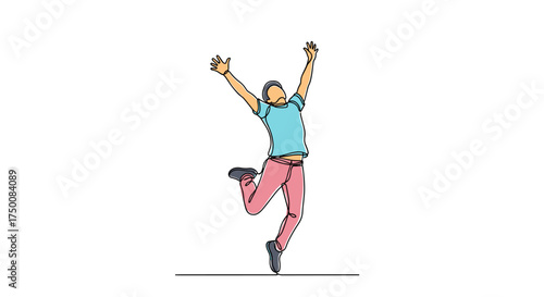 One continuous line drawing of a person joyfully jumping with arms raised high in the air.