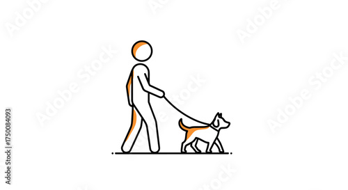 A simple stick figure walking a small dog on a leash during the day.
