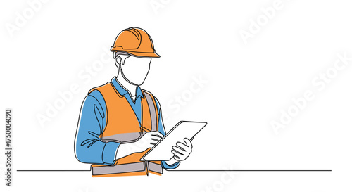 An engineer wearing a hard hat and reflective vest is taking notes on a clipboard during a site inspection.