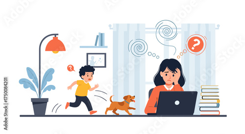 A stressed mother working from home while her child and dog run around.