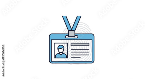 An illustration of a blue identification card with a photograph and text fields on a light gray background.
