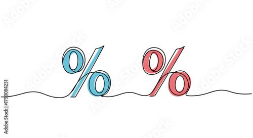 Two percentage symbols drawn in a continuous line art style with one colored blue and the other red against a white background.