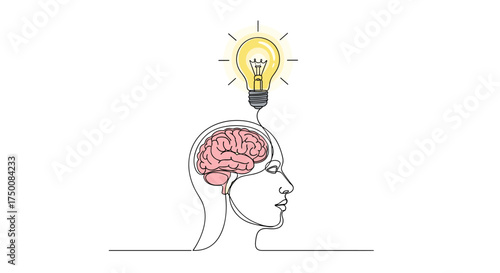 A minimalist line drawing of a human head with a brightly lit lightbulb symbolizing an idea above the brain.