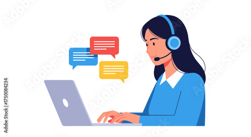 Customer service representative assisting clients with communication and support on a laptop and headset.