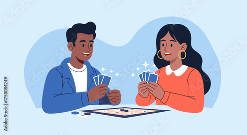 A man and a woman are playing a card game together in a casual setting.