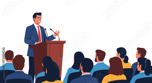 A professional man in a suit delivers a speech from a podium to an attentive audience.