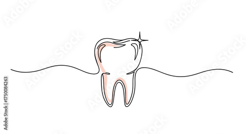 A simple continuous line drawing of a tooth with sparkling highlights symbolizing dental health and hygiene.