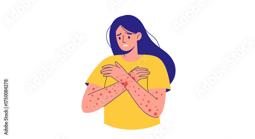 A person with a rash on their arms and chest looking distressed.
