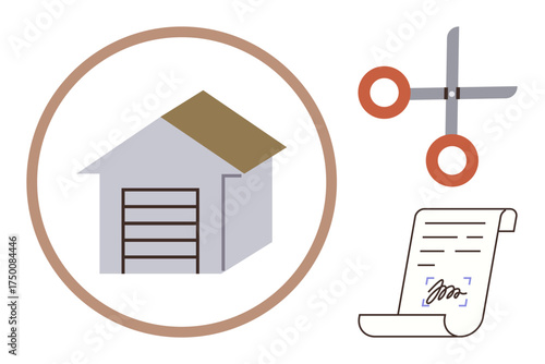 House inside circle, scissors, signed document signify property, transaction, agreement, finance, home ownership. Ideal for real estate, legal finance construction contracts home loans simple