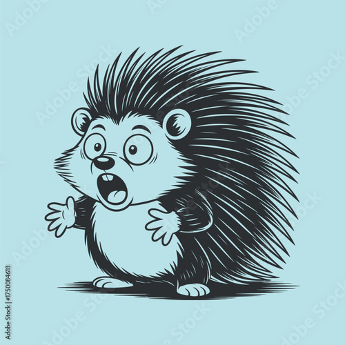 Surprised Hedgehog Illustration Vector in Dark Monochrome Style on Light Blue Background