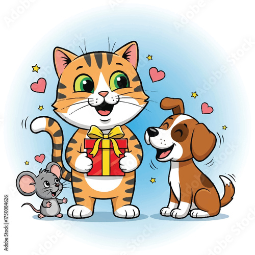 Joyful cartoon cat presenting a gift to a happy puppy and mouse, celebrating friendship and kindness among beloved pets in a whimsical illustration