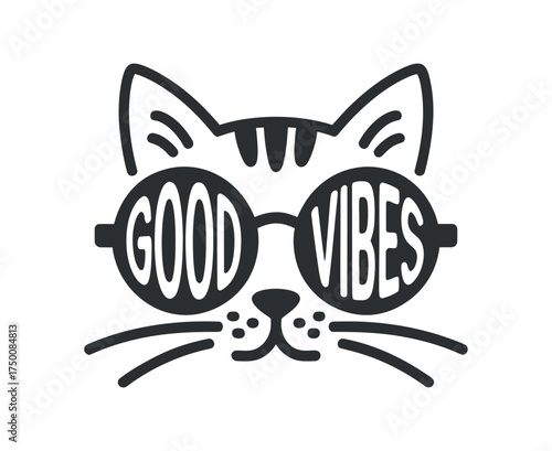Hipster Cat Design with Sunglasses and Slogan Good Vibes Typography on White