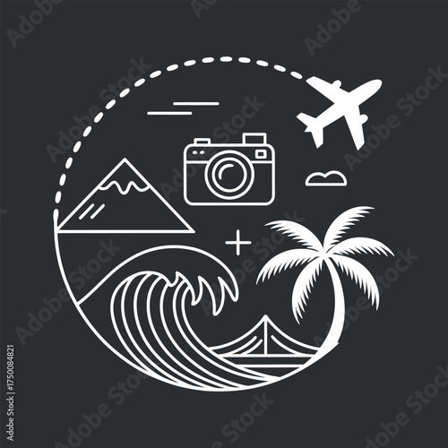 Travel Adventure Graphic: Plane, Camera, & Landscape Elements on Dark Chalkboard