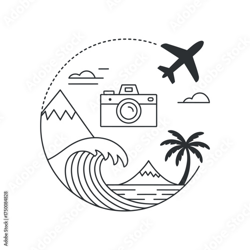 Travel Adventure Iconography: Plane, Camera, and Tropical Landscape in a Circle